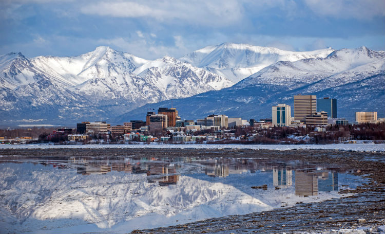 Anchorage skyline with a mountain as its backdrop