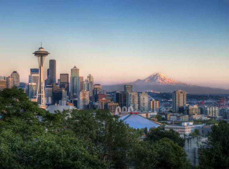 Seattle skyline at sunset 